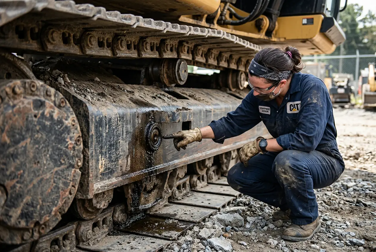 Mechanic pointing to a leaking seal on a bottom track roller of a large excavator on a construction site.