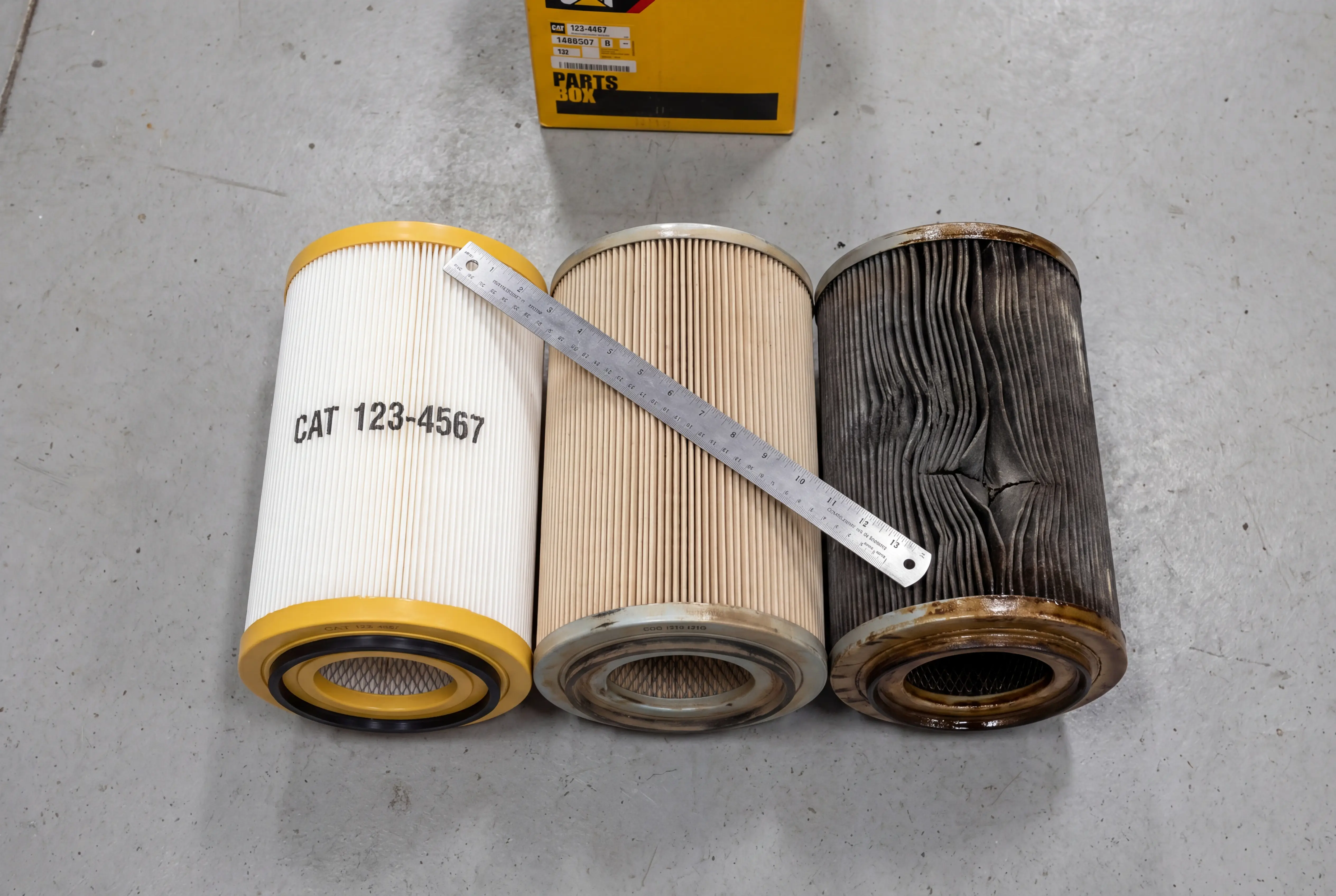 Three excavator engine air filter elements showing new, partially used, and heavily clogged end-of-life condition side by side on workshop floor