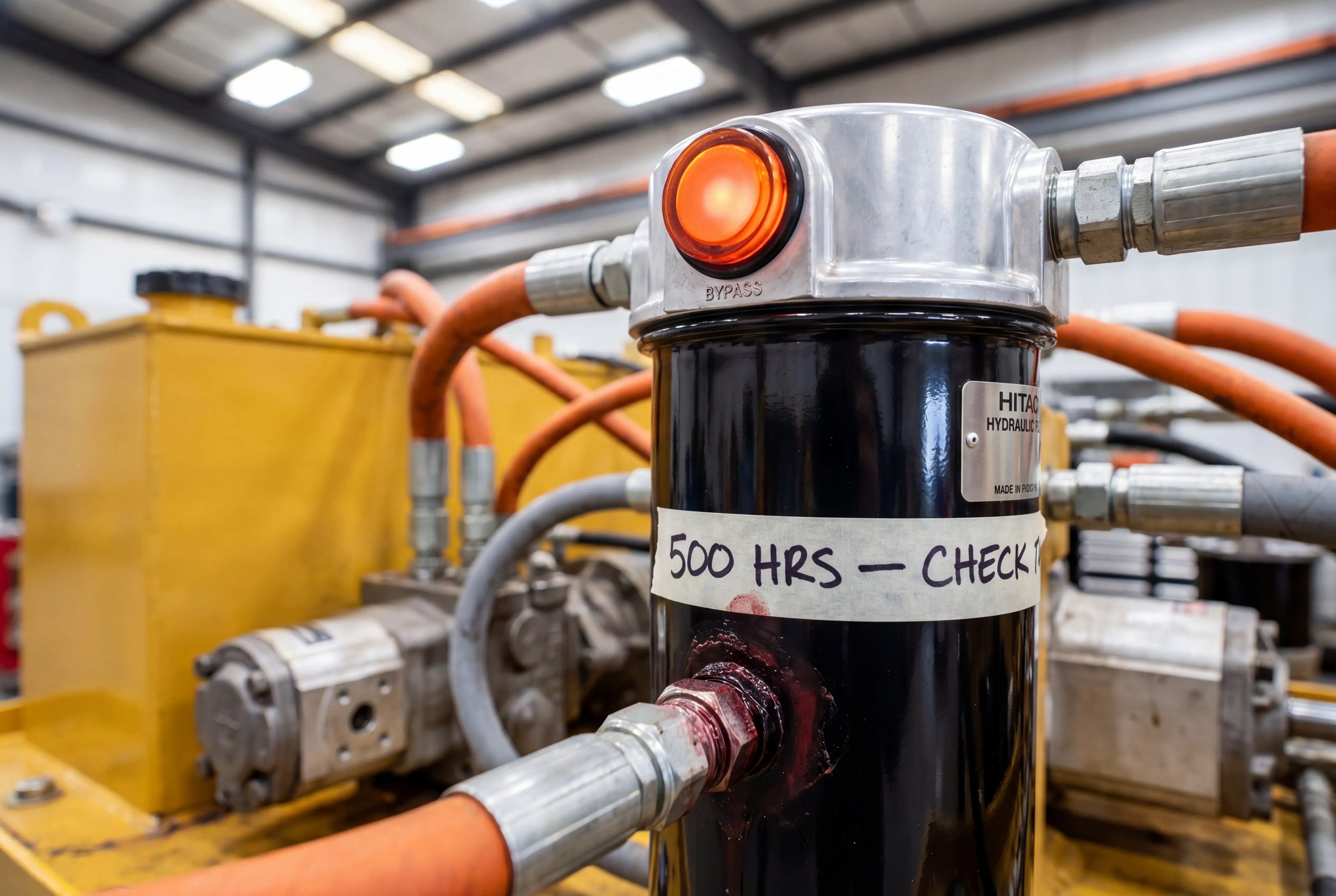 Hydraulic filter housing with red bypass condition indicator showing filter is overdue for replacement on construction excavator