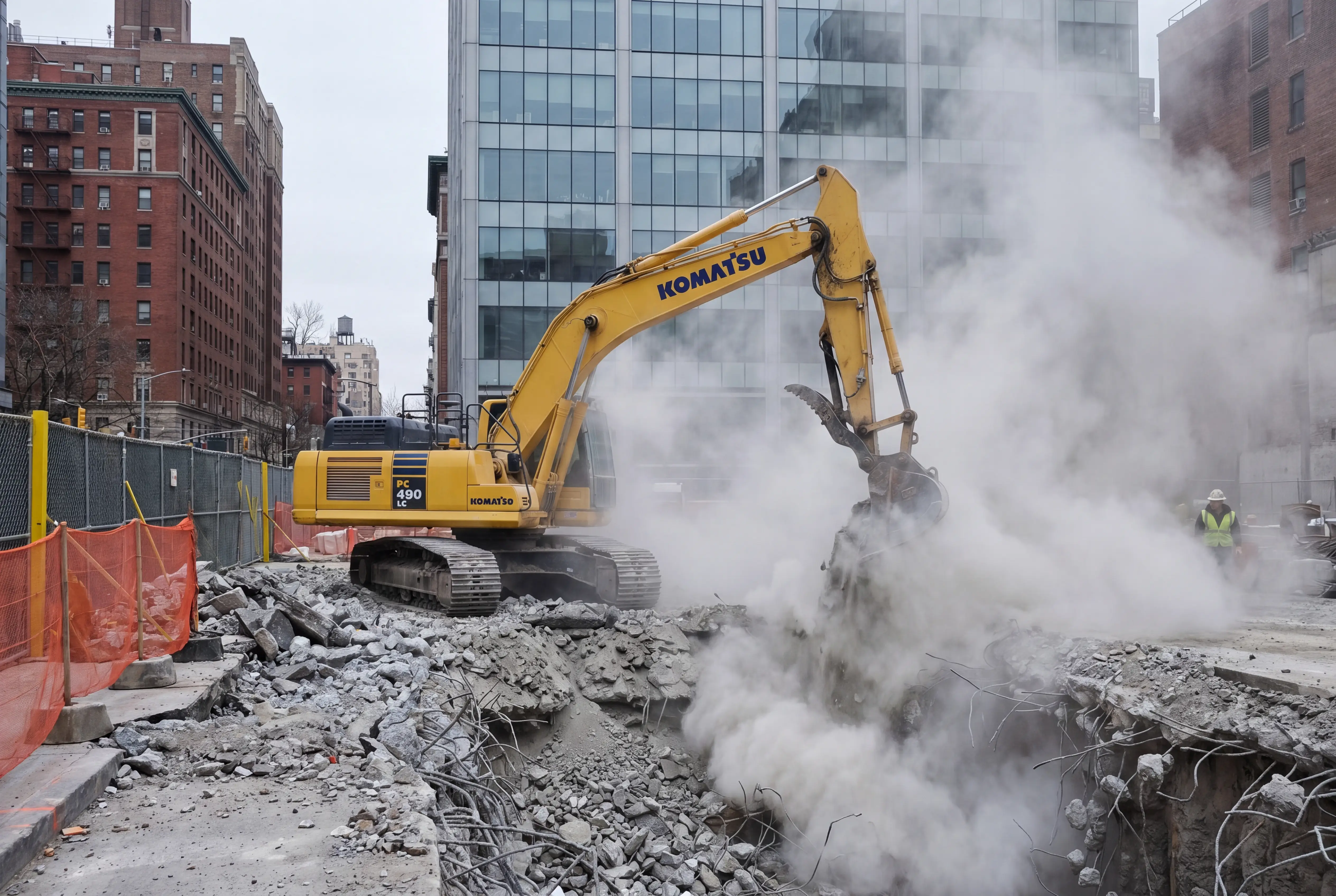 Yellow Komatsu excavator working in heavy dust cloud on active Manhattan demolition construction site with NYC buildings in background
