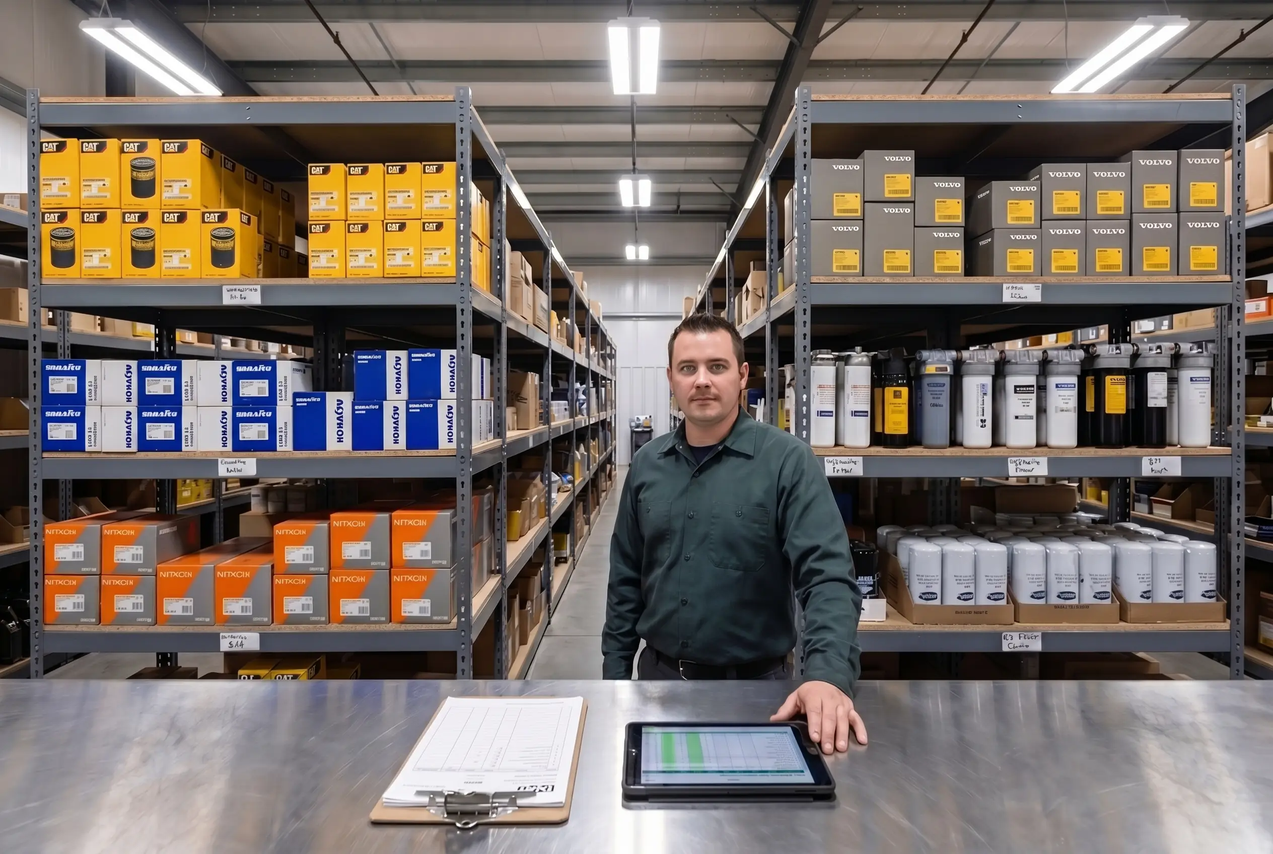 Industrial parts warehouse shelves stocked with Caterpillar Komatsu Hitachi Volvo equipment filter sets organized by brand with parts counter in foreground