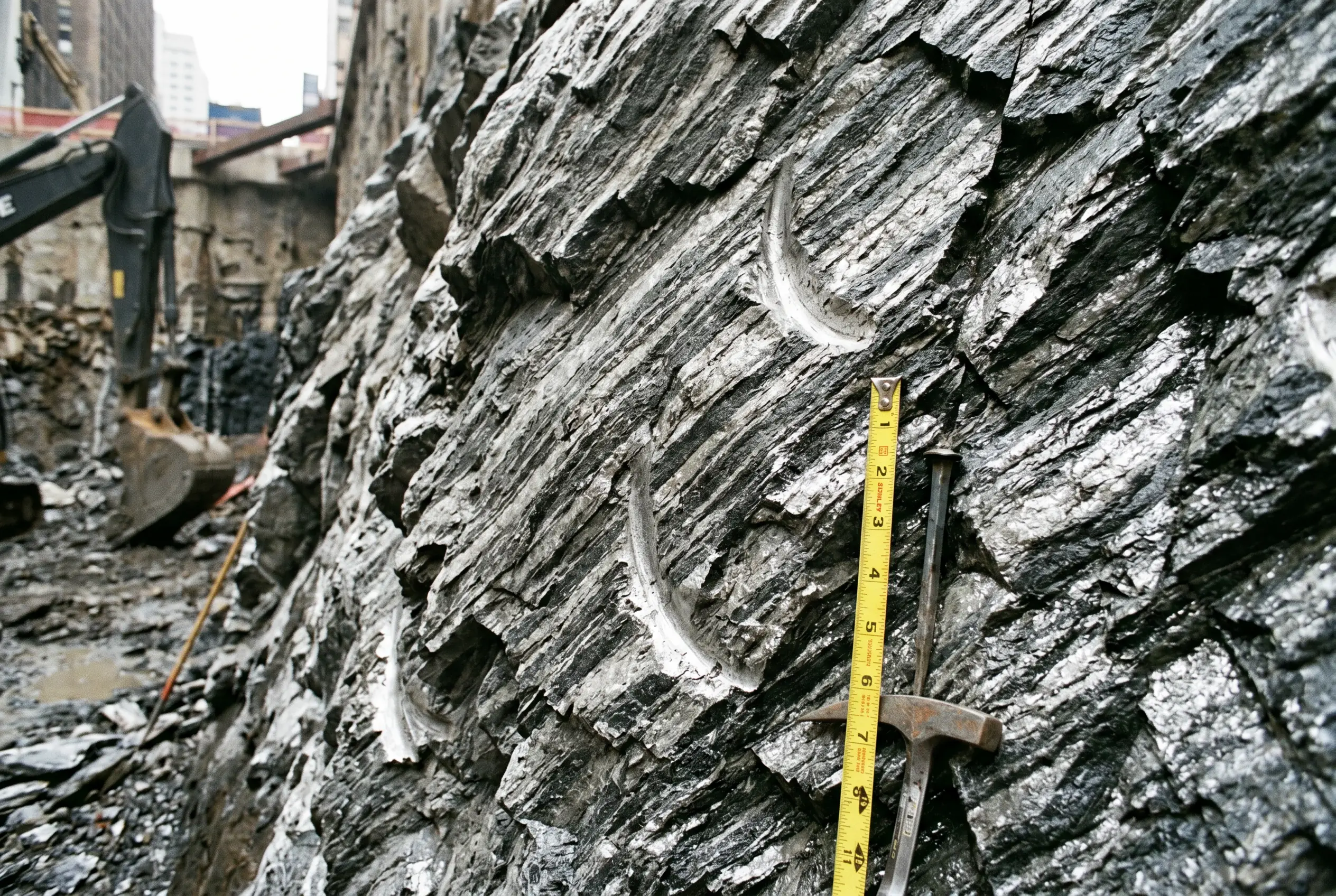 Exposed Manhattan schist bedrock face in excavation pit showing banded metamorphic structure and excavator bucket tooth impact marks