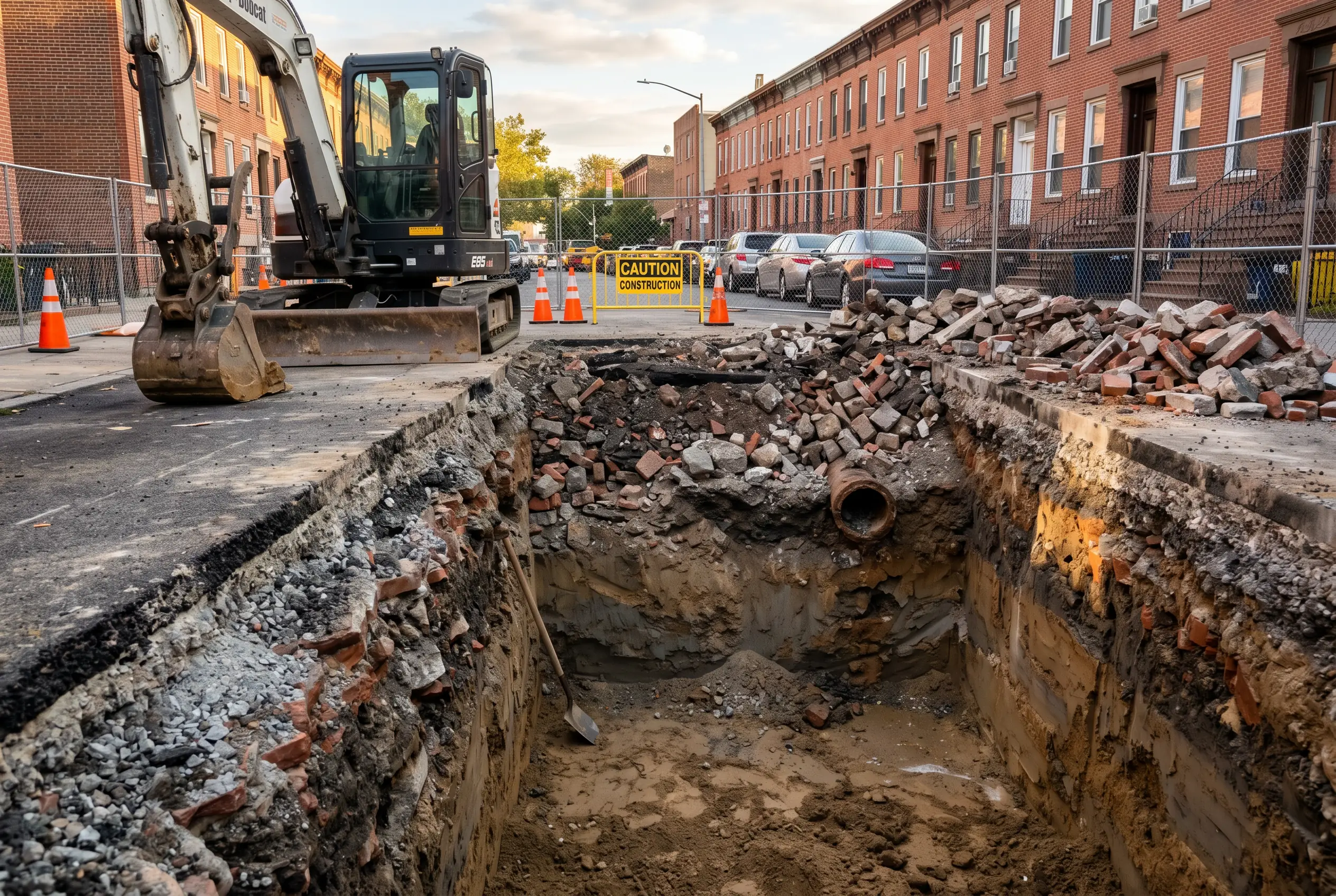 Open utility excavation trench in Brooklyn showing mixed urban fill layers including brick concrete and soil in trench wall cross-section