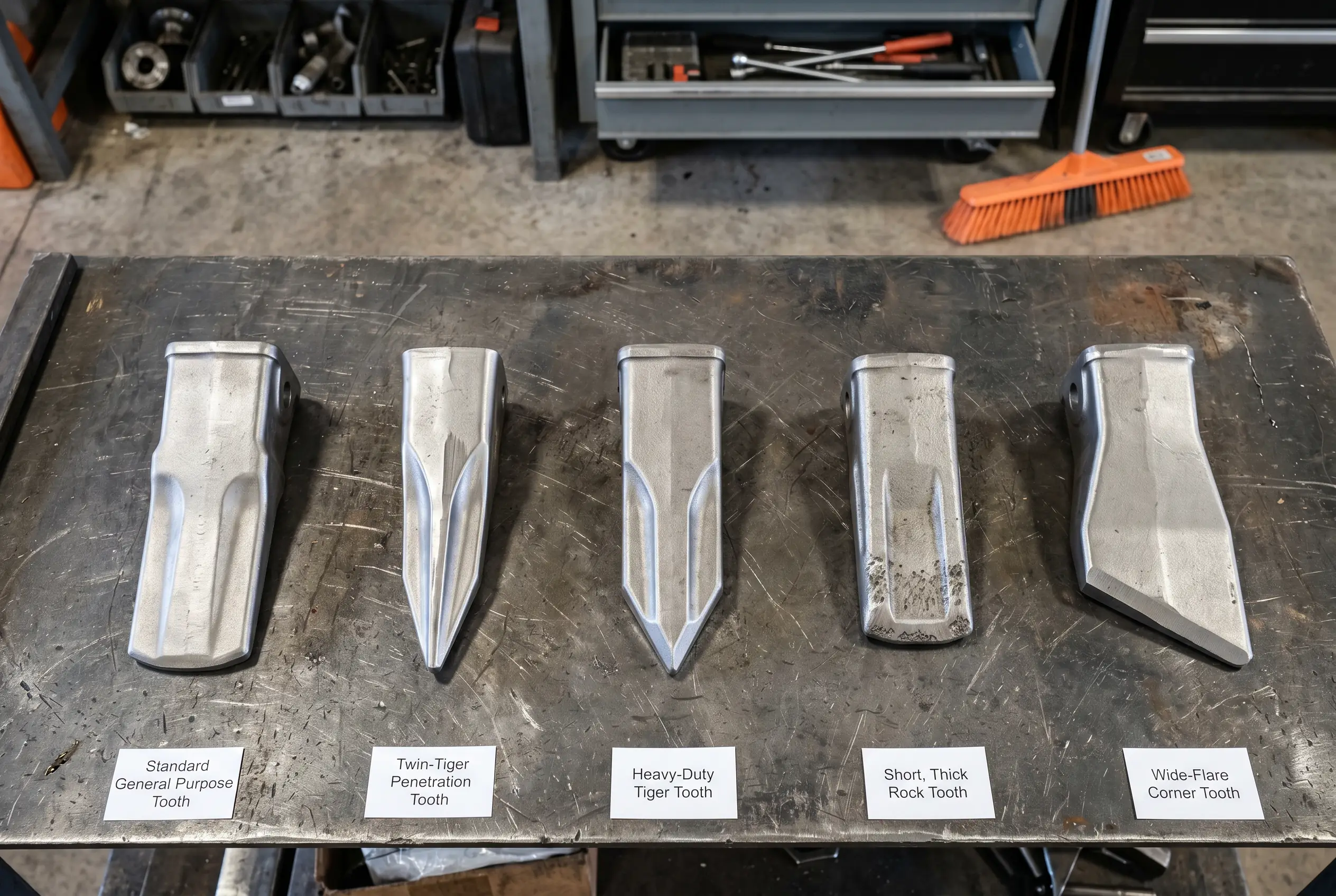 Five excavator bucket tooth profiles arranged in a row showing standard penetration tiger rock and corner tooth types on workshop bench