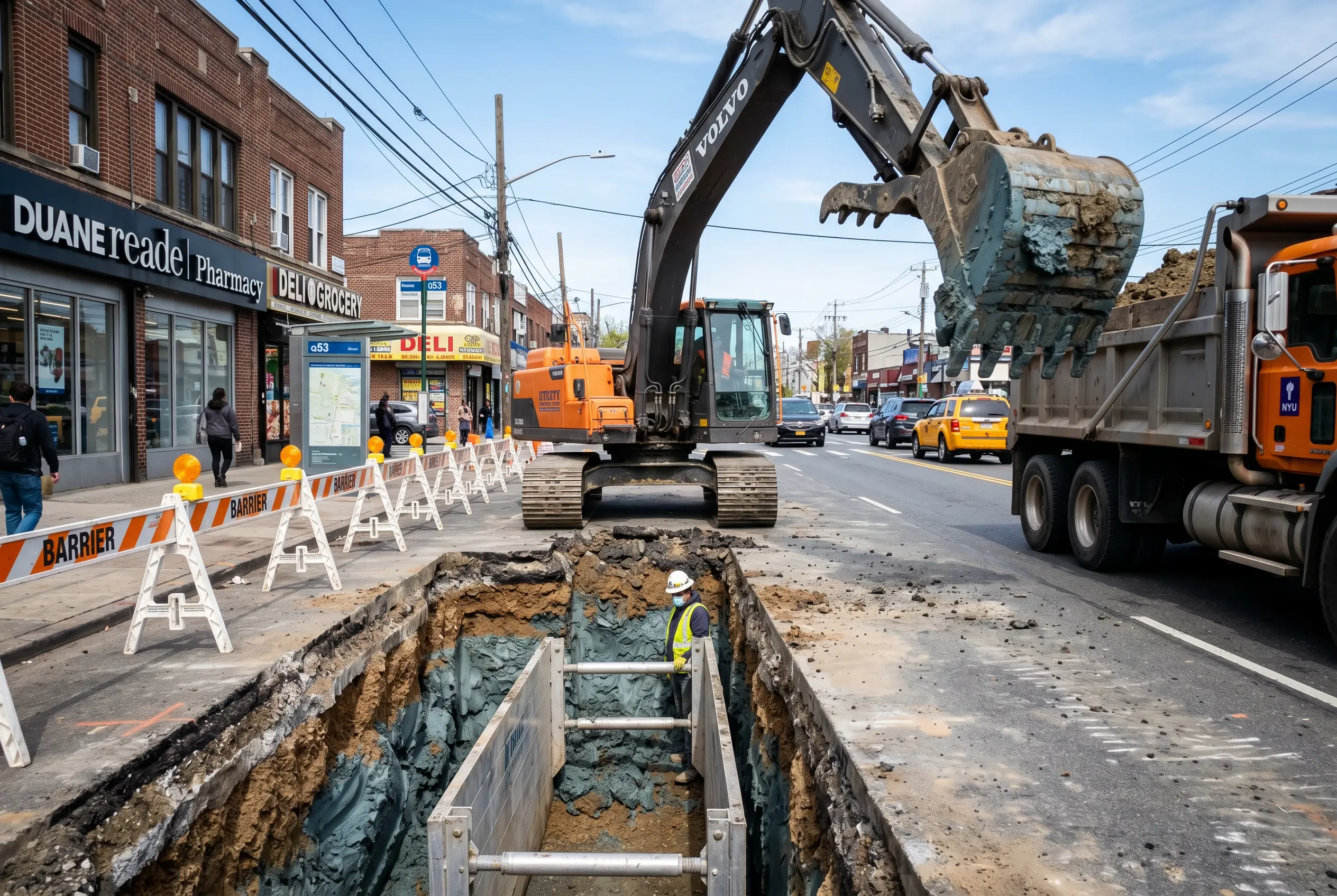 Volvo excavator with penetration teeth lifting clay soil from deep utility trench in Queens New York with safety barriers and commercial buildings in background