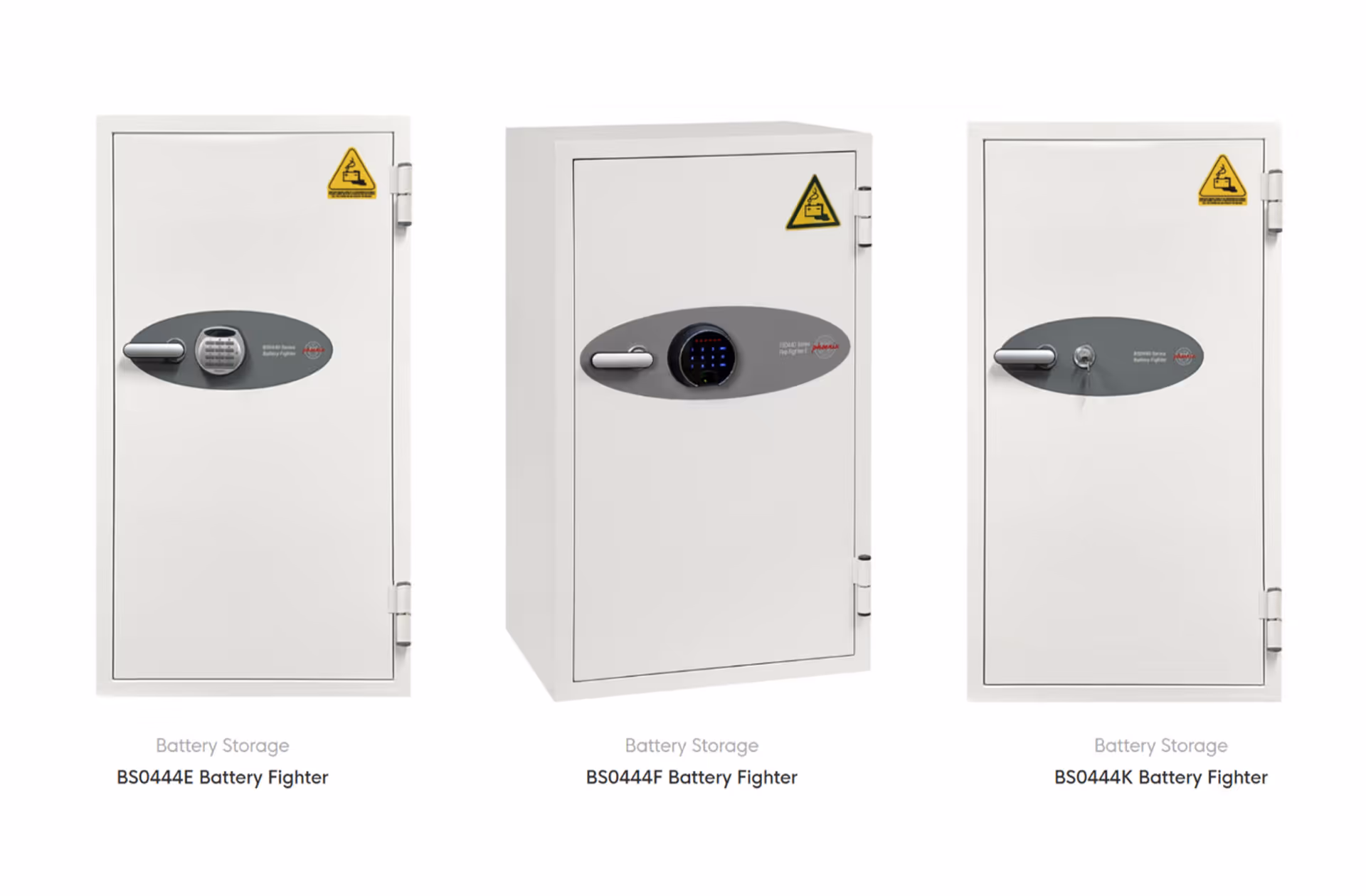 Three white Battery Fighter storage cabinets with different locking mechanisms: electronic keypad, digital touchpad, and key lock.