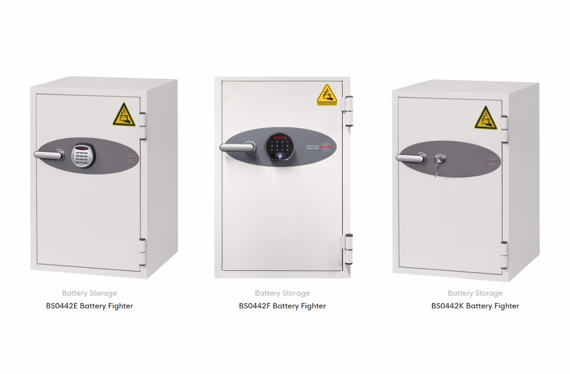 Three gray and white battery storage safes labeled BS0442E, BS0442F, and BS0442K with different locking mechanisms including keypad, fingerprint, and key lock.