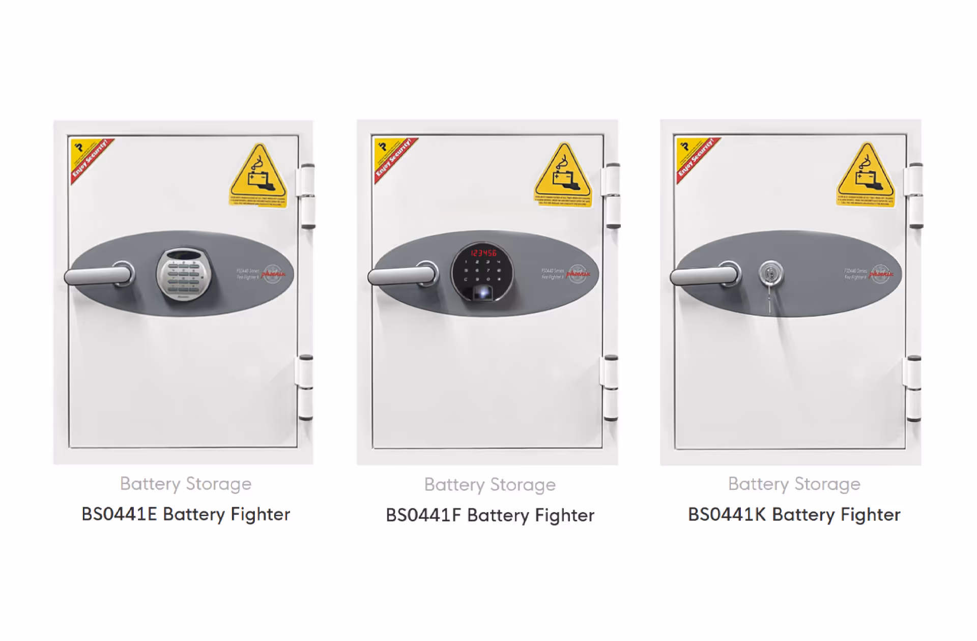 Three battery storage safes labeled BS0441E, BS0441F, and BS0441K, each with different locking mechanisms: a keypad, a digital touchscreen, and a key lock.