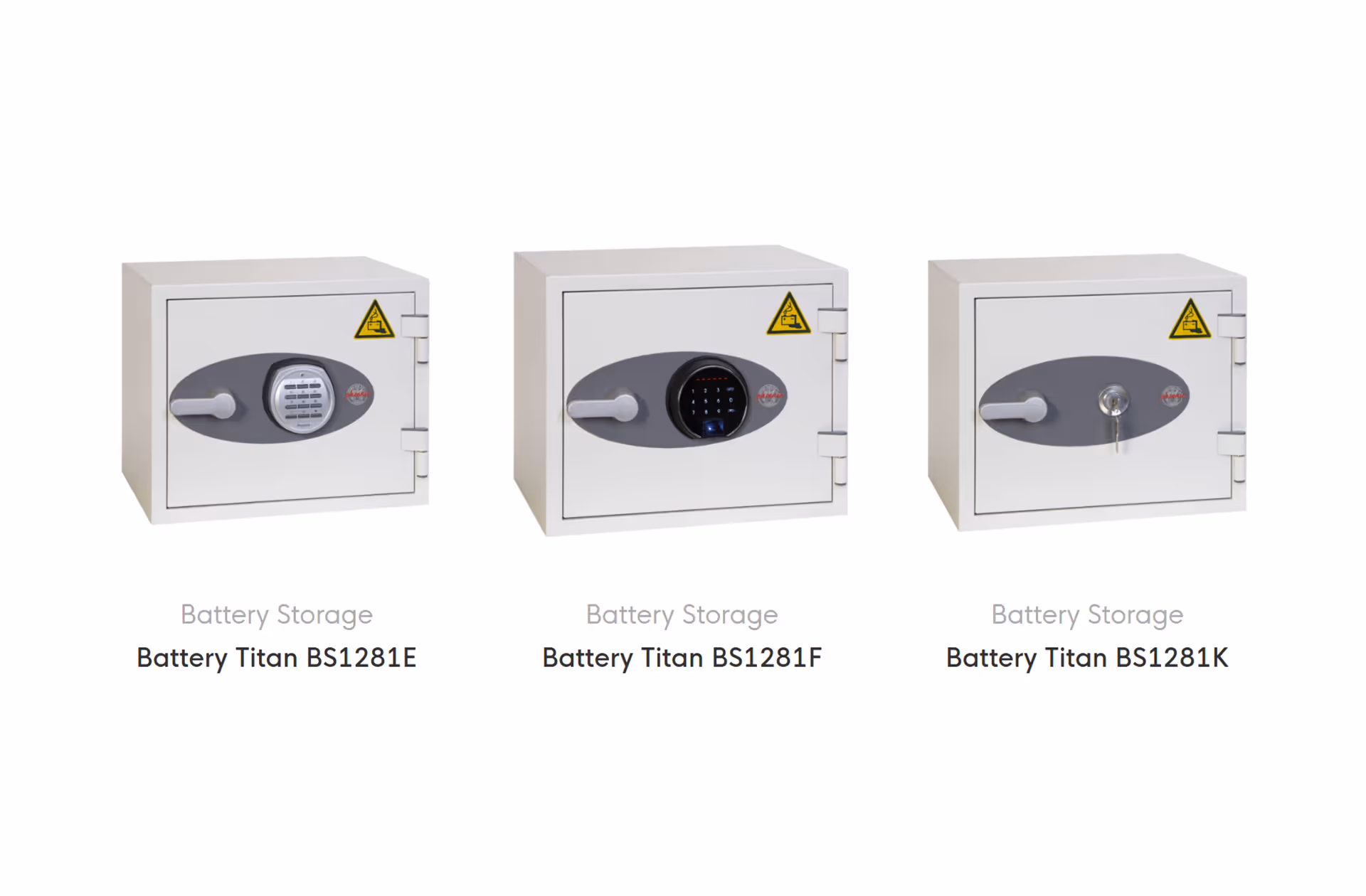 Three white rectangular battery storage units with different locking mechanisms: keypad, digital touchscreen, and key lock.