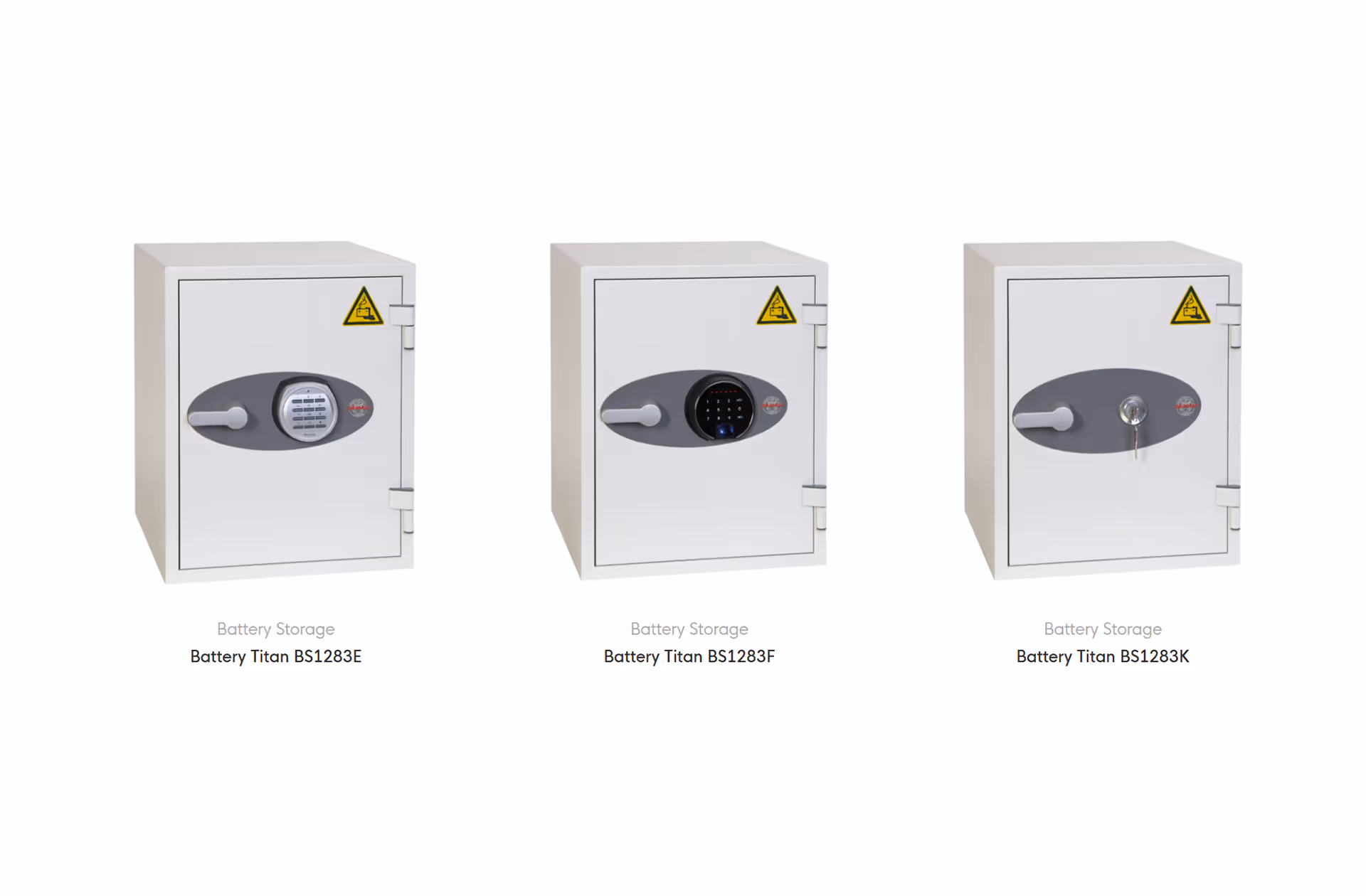 Three Battery Titan storage safes in a row with different locking mechanisms: keypad, digital touchpad, and key lock.