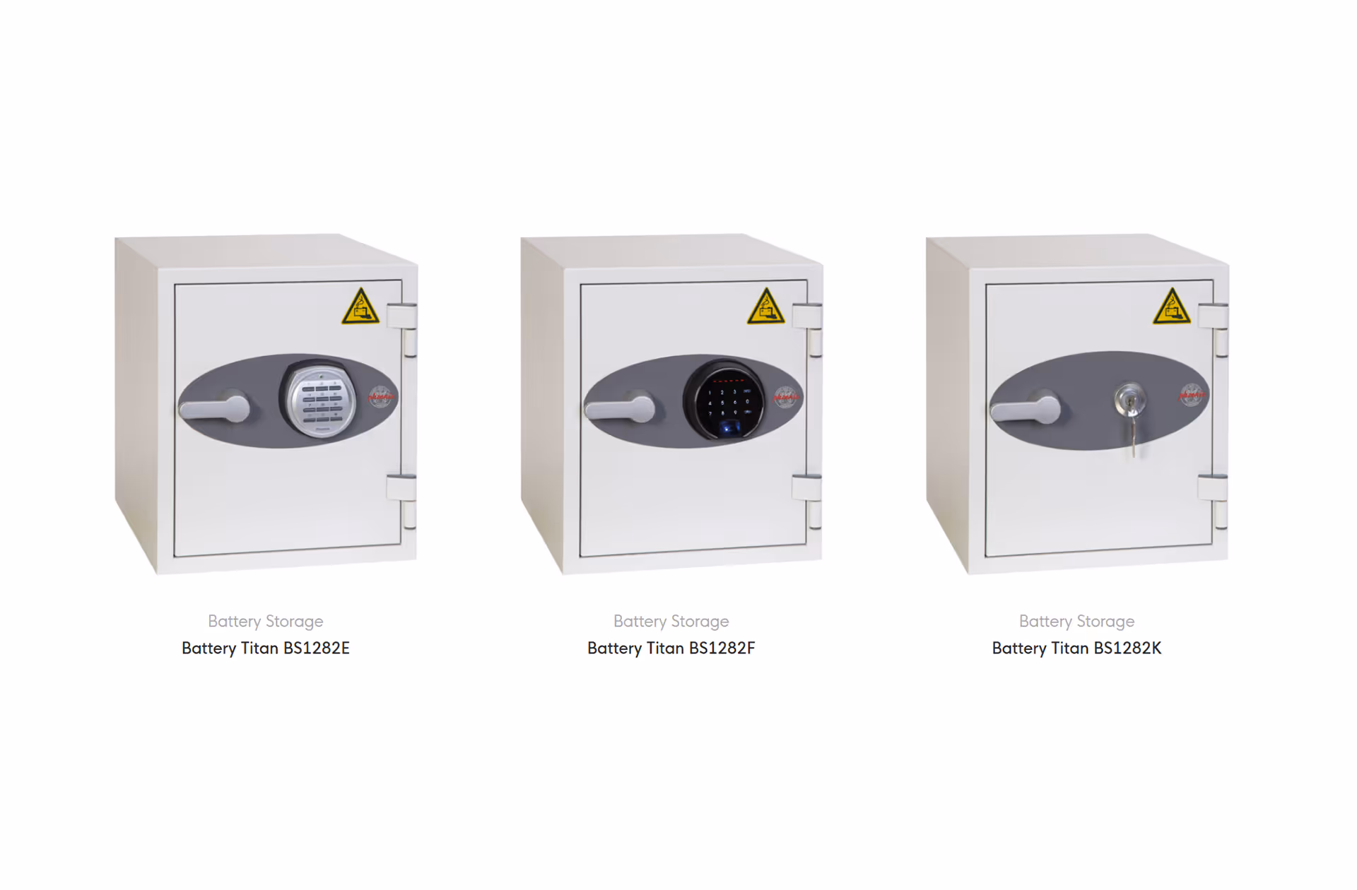 Three white Battery Titan storage safes with different locking mechanisms: keypad, digital touchscreen, and key lock.