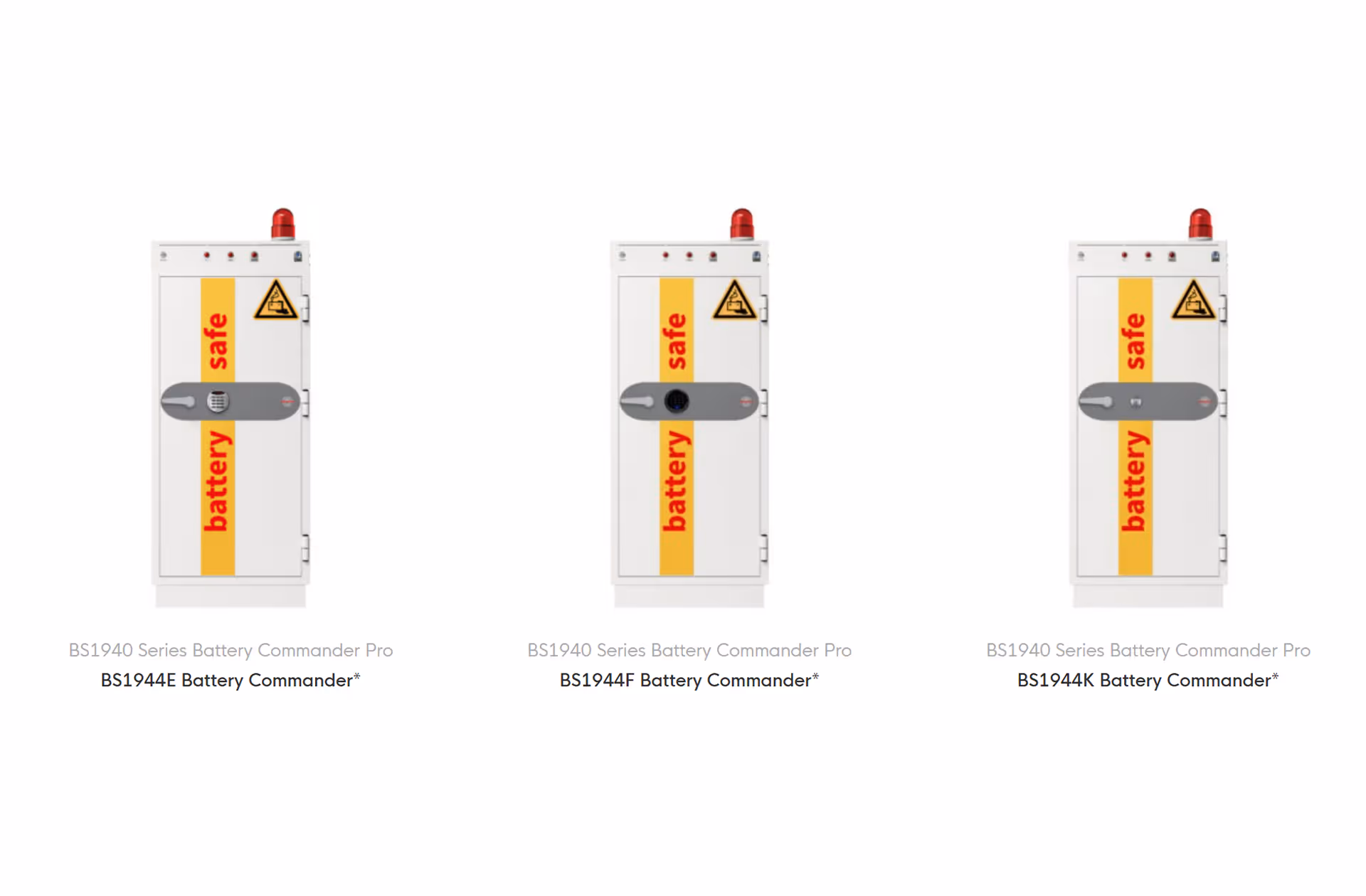 Three white BS1944 Series Battery Commander Pro cabinets labeled BS1944E, BS1944F, and BS1944K with yellow vertical stripes stating battery safe and a red warning light on top.