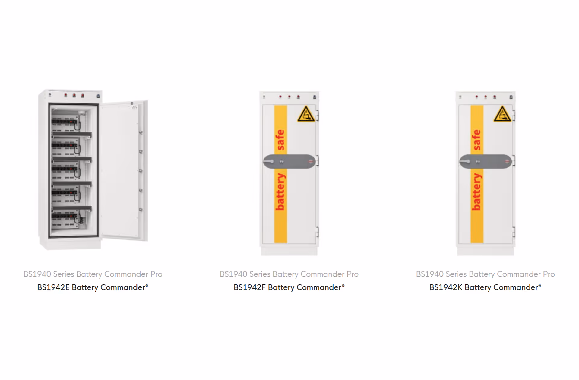 Three BS1940 Series Battery Commander Pro units: BS1942E open showing internal battery components, BS1942F closed with battery safe label, and BS1942K closed with battery safe label.