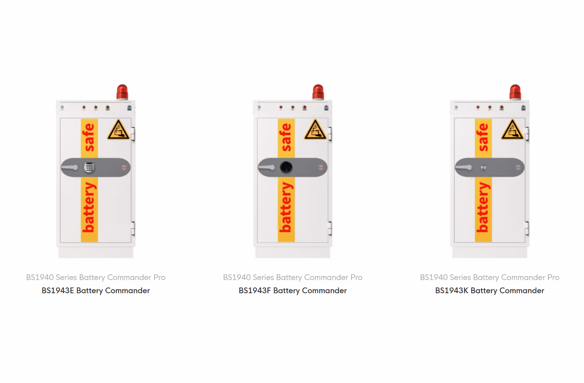 Three white BS1940 Series Battery Commander Pro cabinets labeled BS1943E, BS1943F, and BS1943K, each with a red warning light and 'battery safe' text.