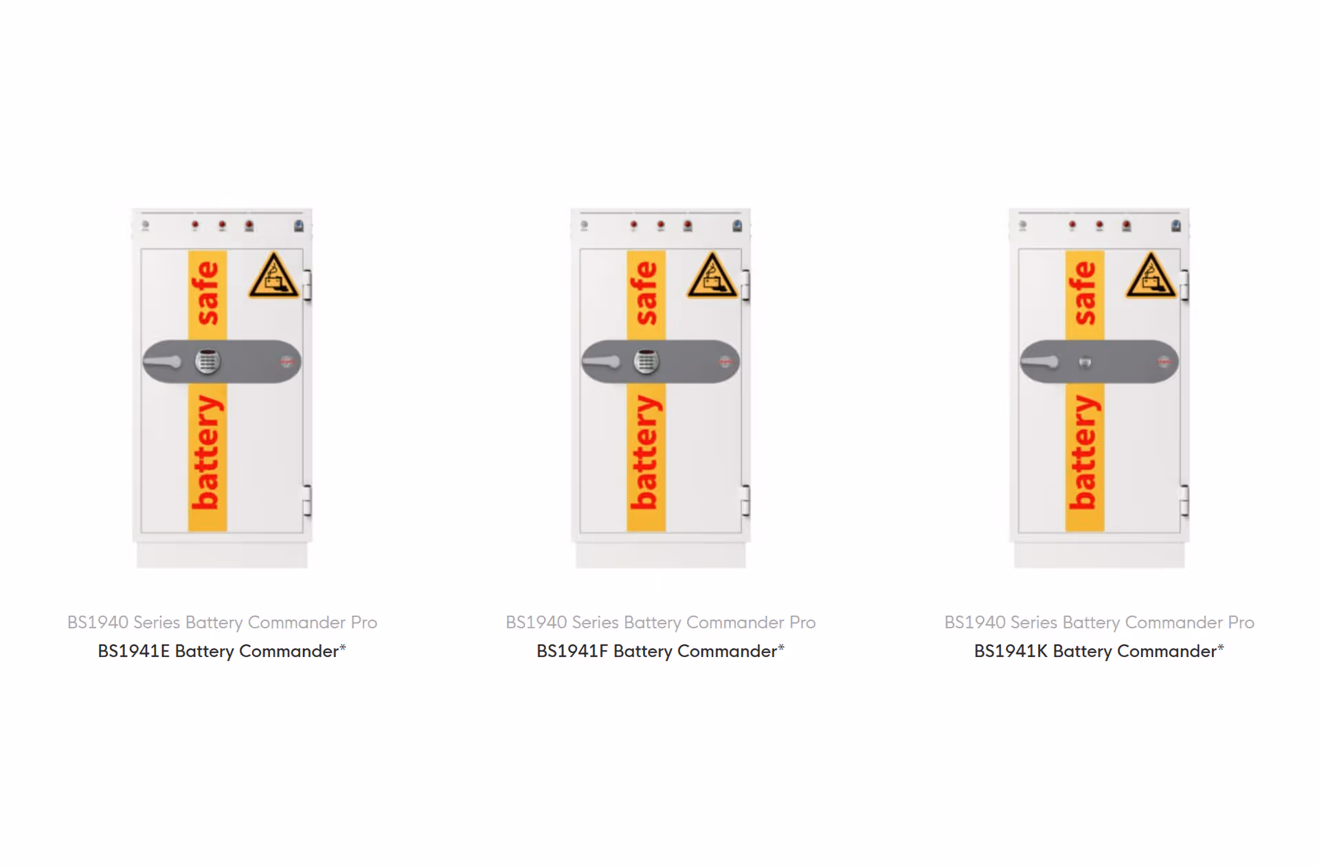 Three BS1940 Series Battery Commander Pro units with safety handles and warning labels.