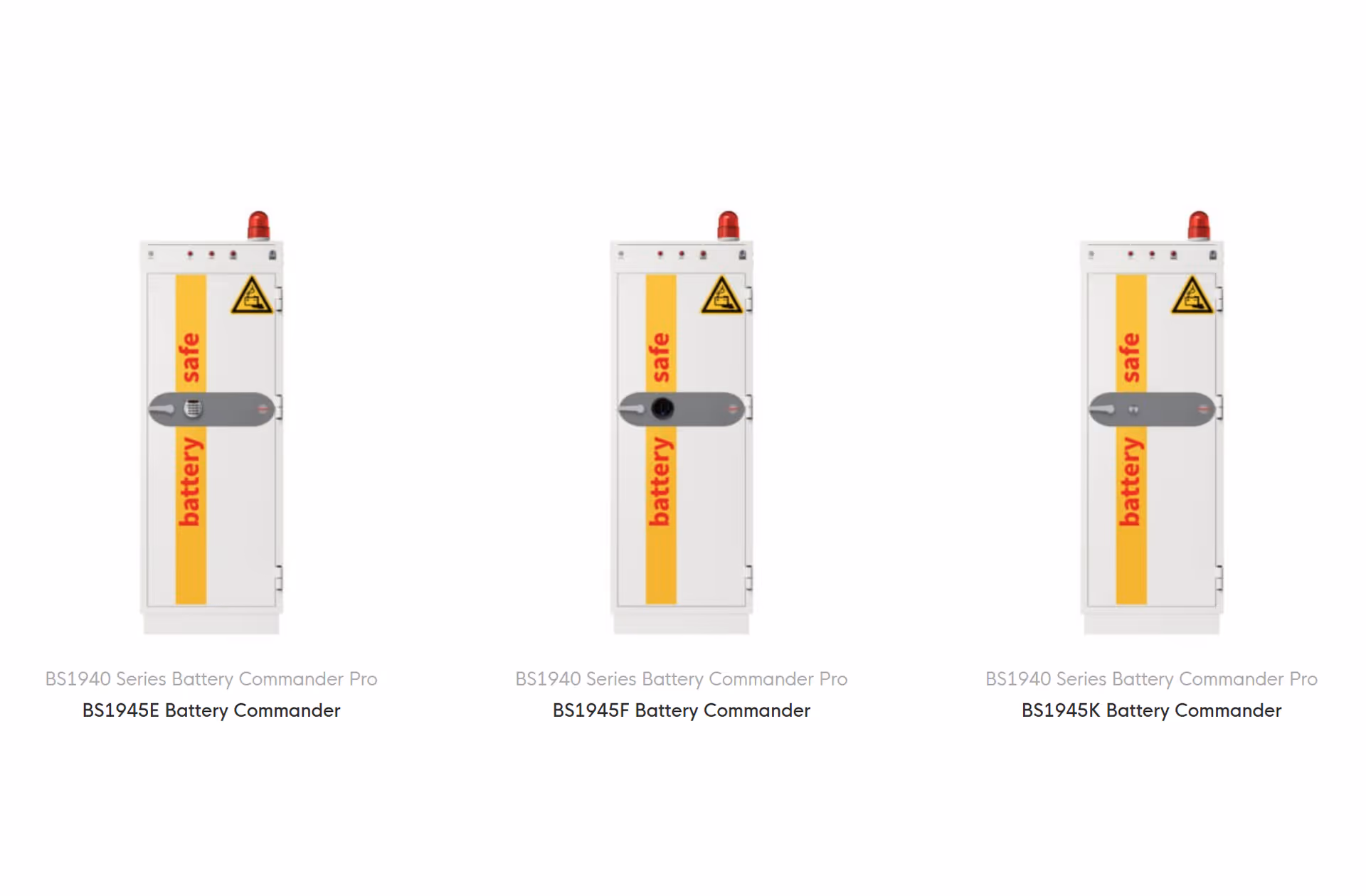 Three battery commander cabinets from the BS1940 Series with vertical yellow stripes labeled 'battery safe' and red warning lights on top.