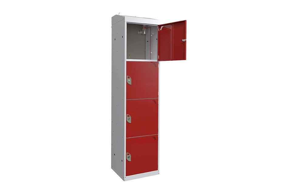 Tall fire suppression locker with four compartments and one open red door at the top.