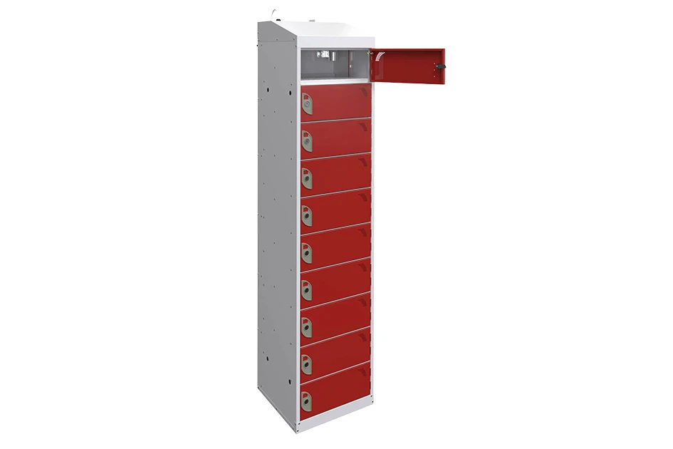 Tall fire suppression locker with ten compartments and one open red door at the top.
