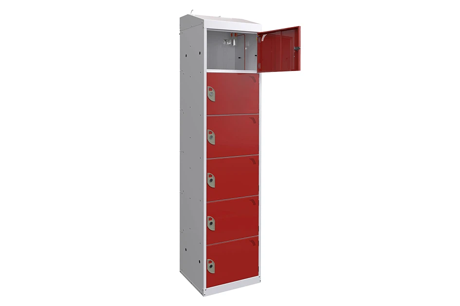 Tall fire suppression locker with six compartments and one open red door at the top.
