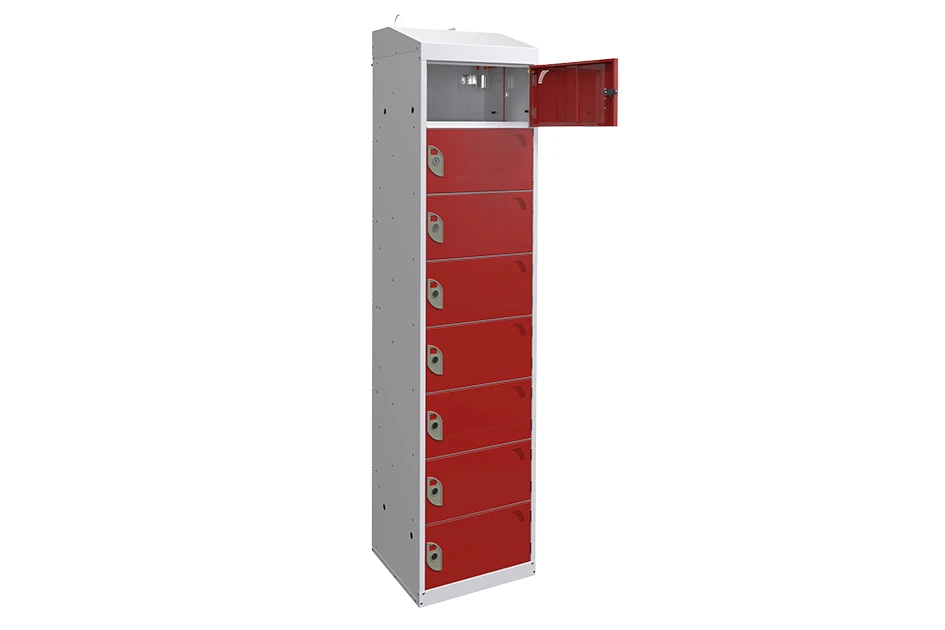 Tall fire suppression locker with eight compartments and one open red door at the top.