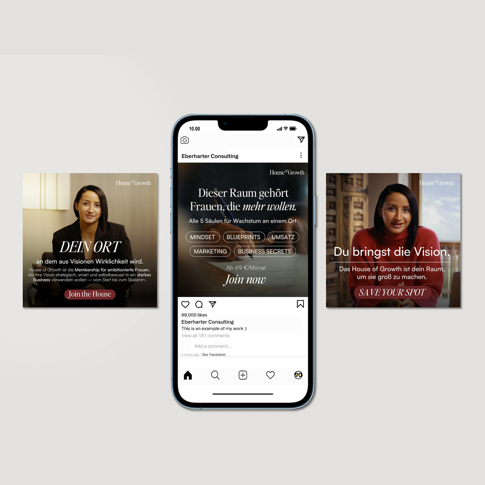 Instagram-Anzeigen von House of Growth auf einem Smartphone und daneben