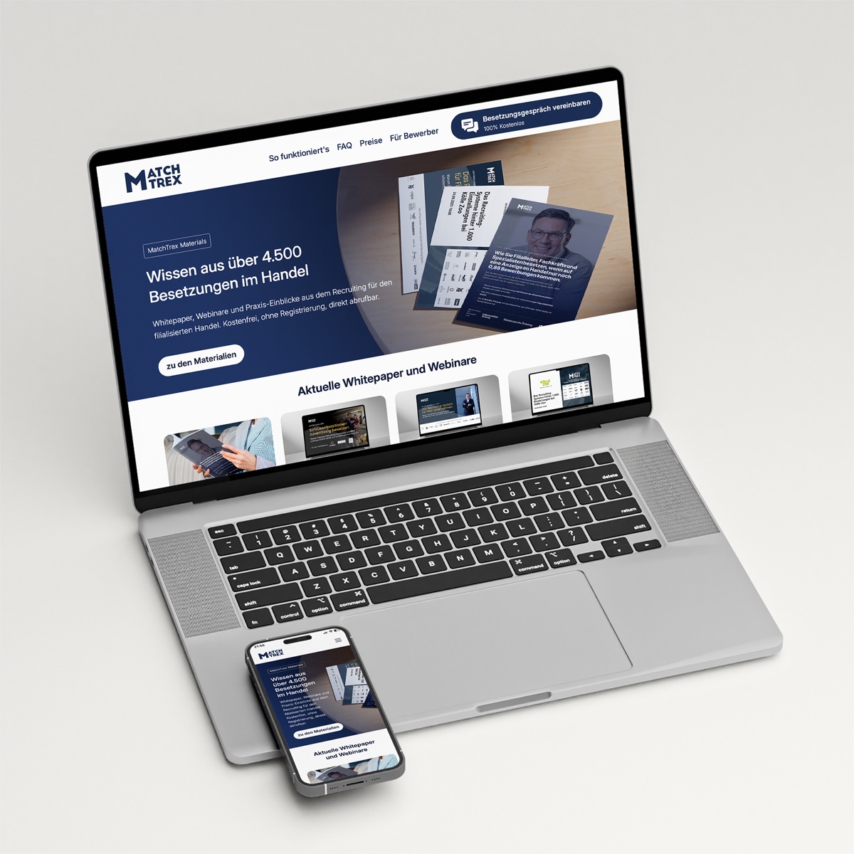 MatchTrex website on a laptop and smartphone, page with white papers and webinars