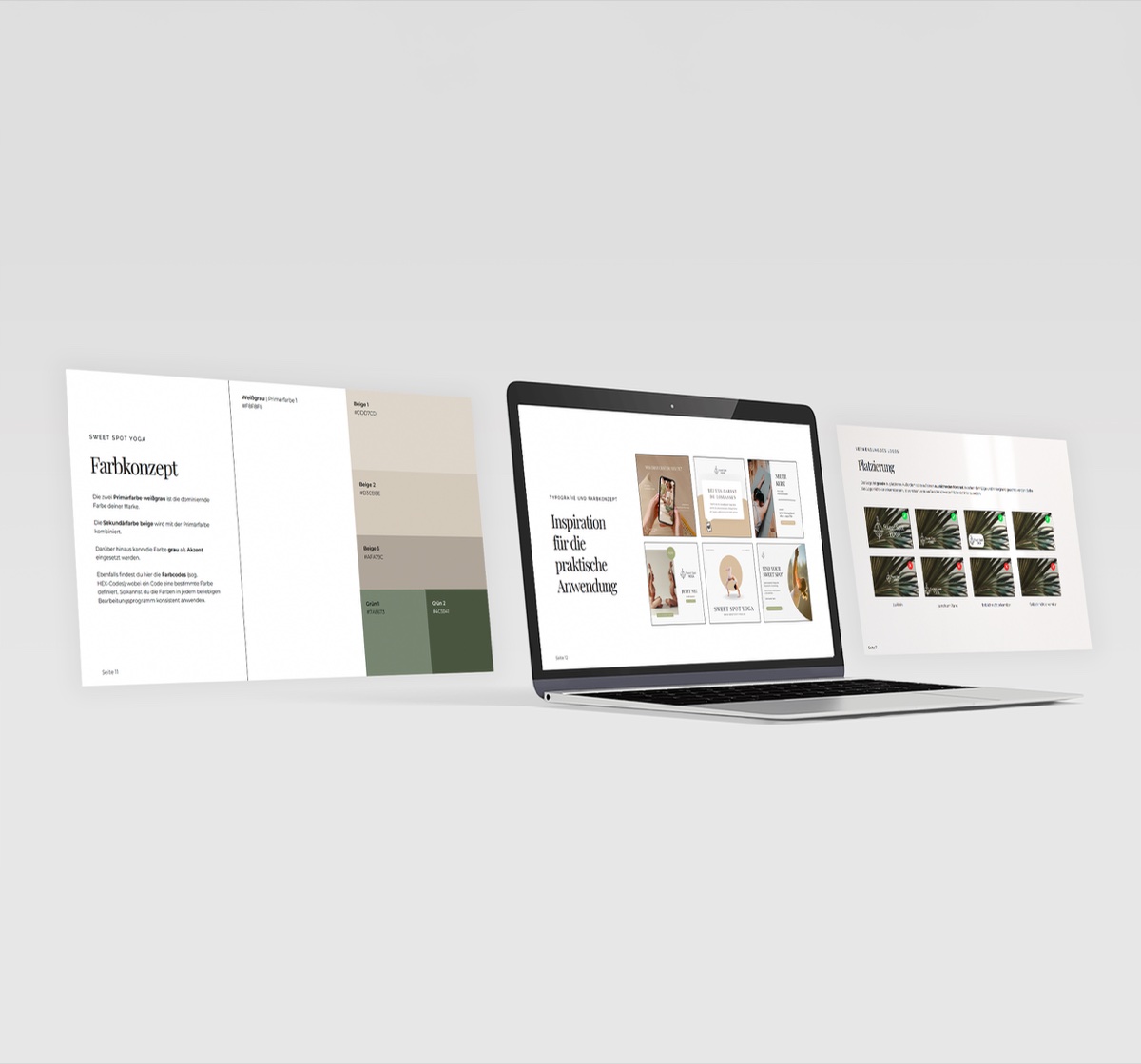 Pages from the Sweet Spot Yoga brand guideline: colour concept, application examples and imagery