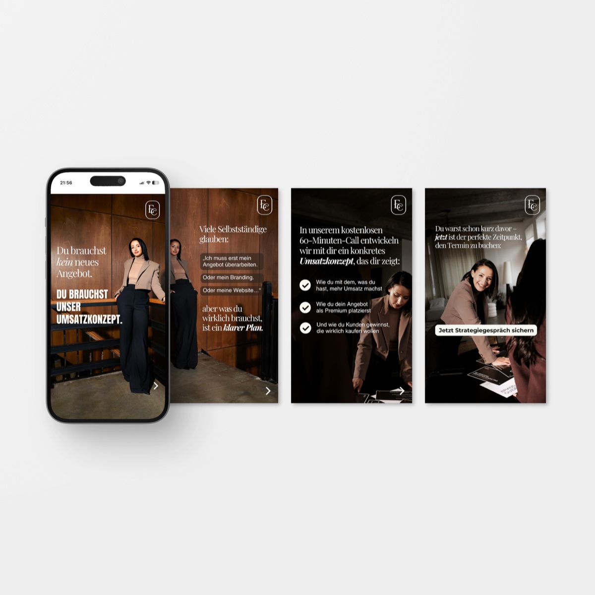 Eberharter Consulting story ads on a smartphone and next to it