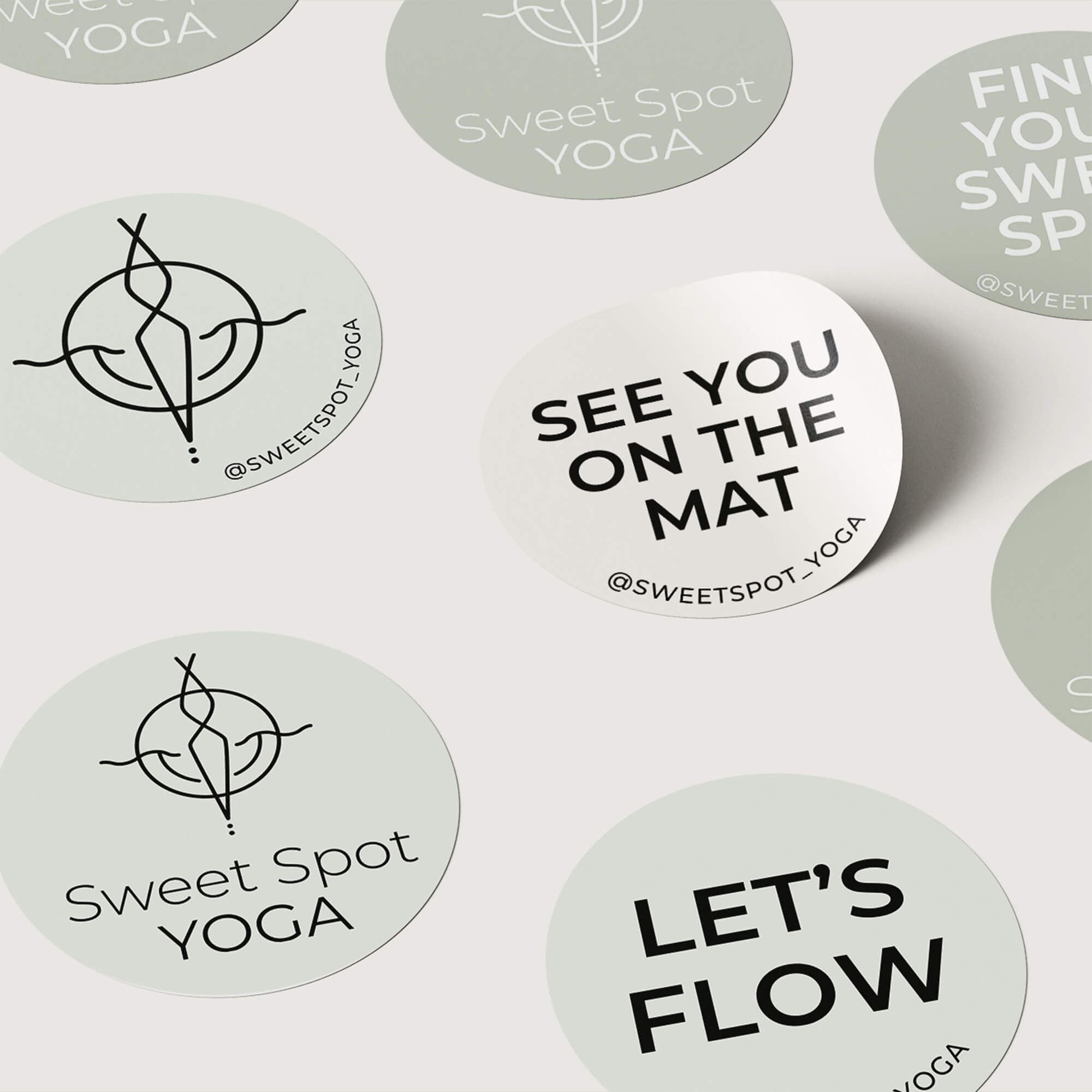 Round Sweet Spot Yoga stickers with the logo and sayings such as “See you on the mat”