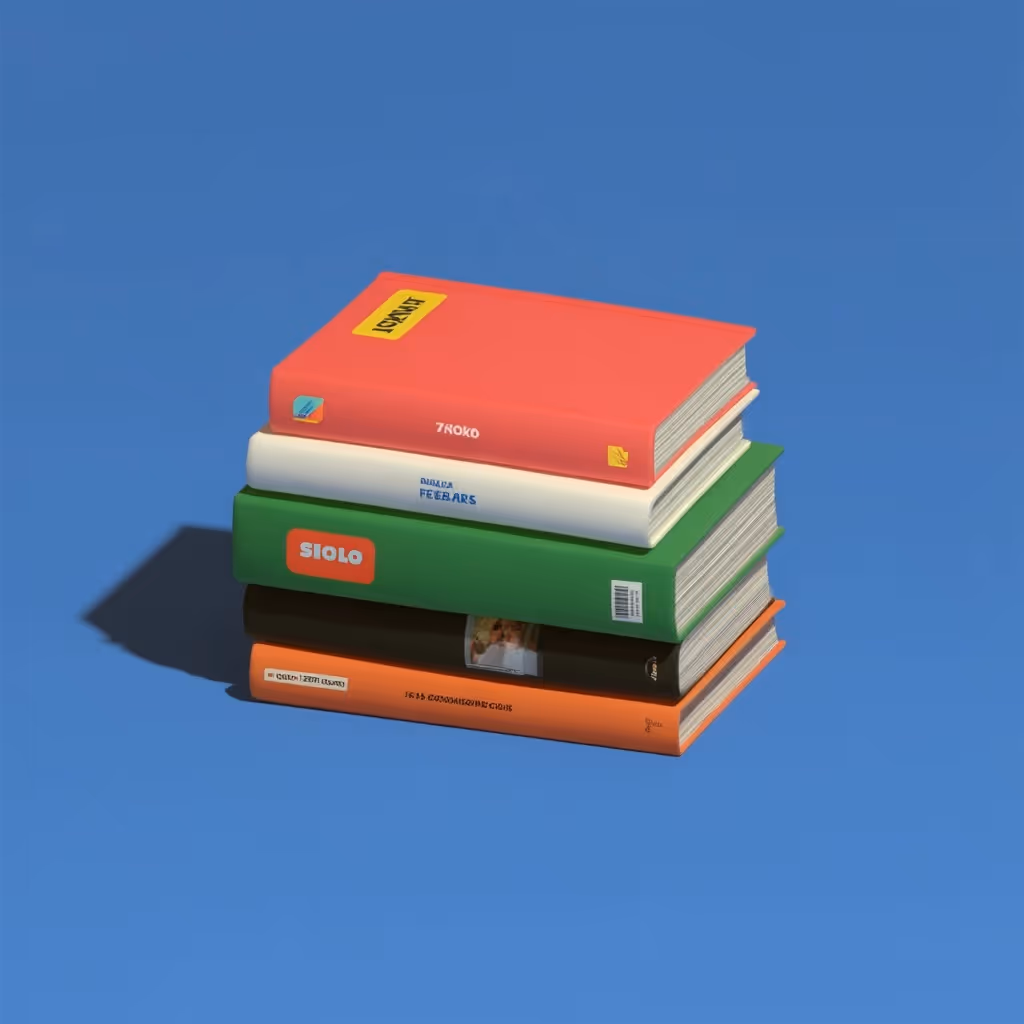 Stack of five colorful hardcover books on a blue surface casting a shadow.
