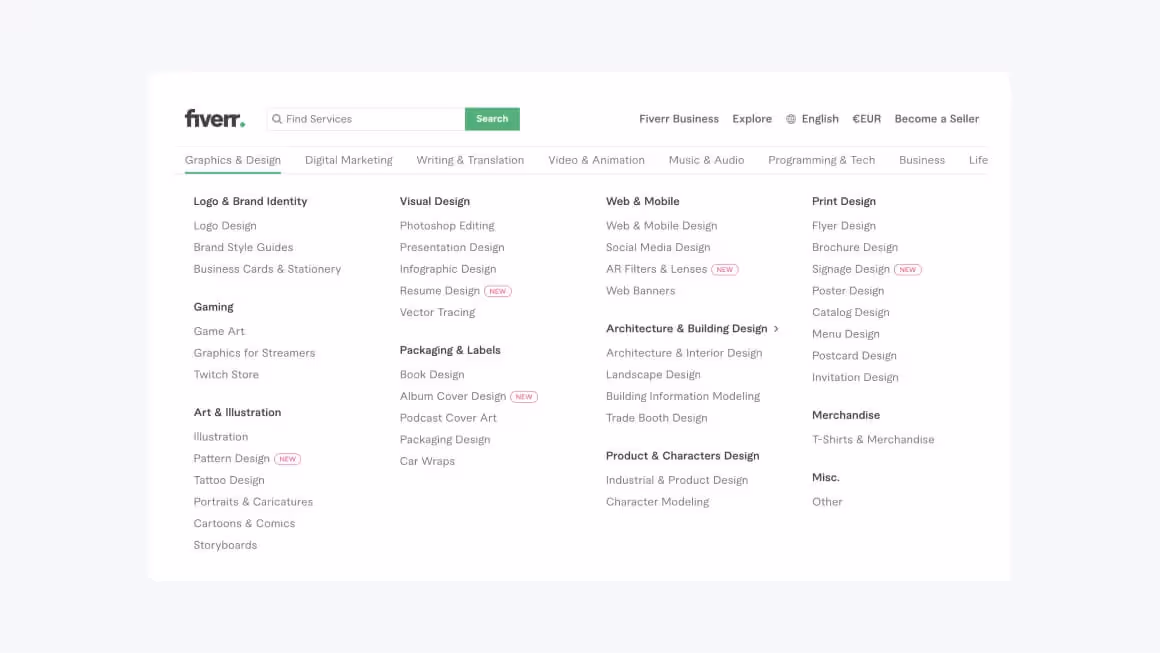 Пример категорий в которых можно продавать свои услуги на Fiverr