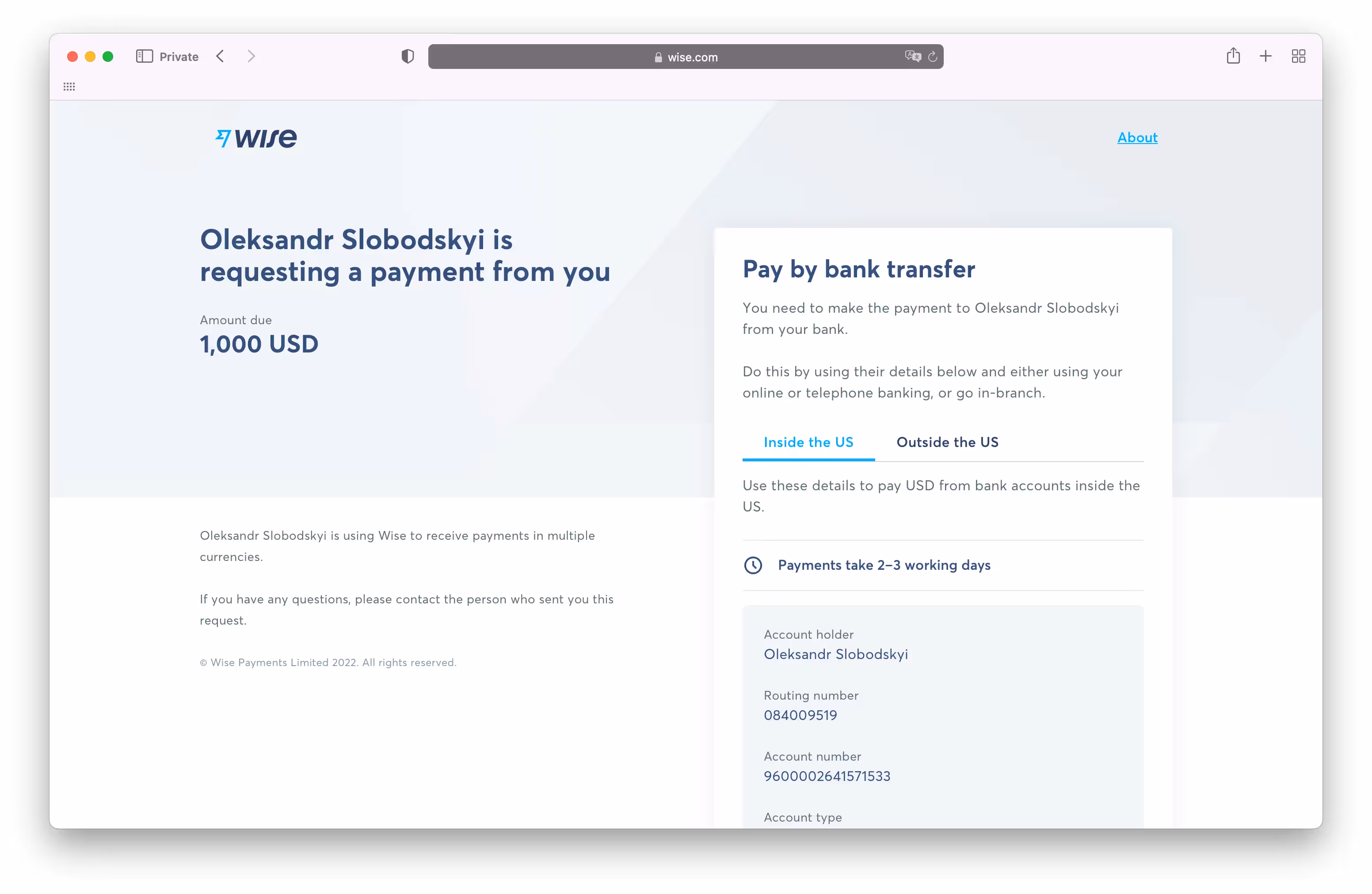 Як виглядає запит платежу на оплату у Wise