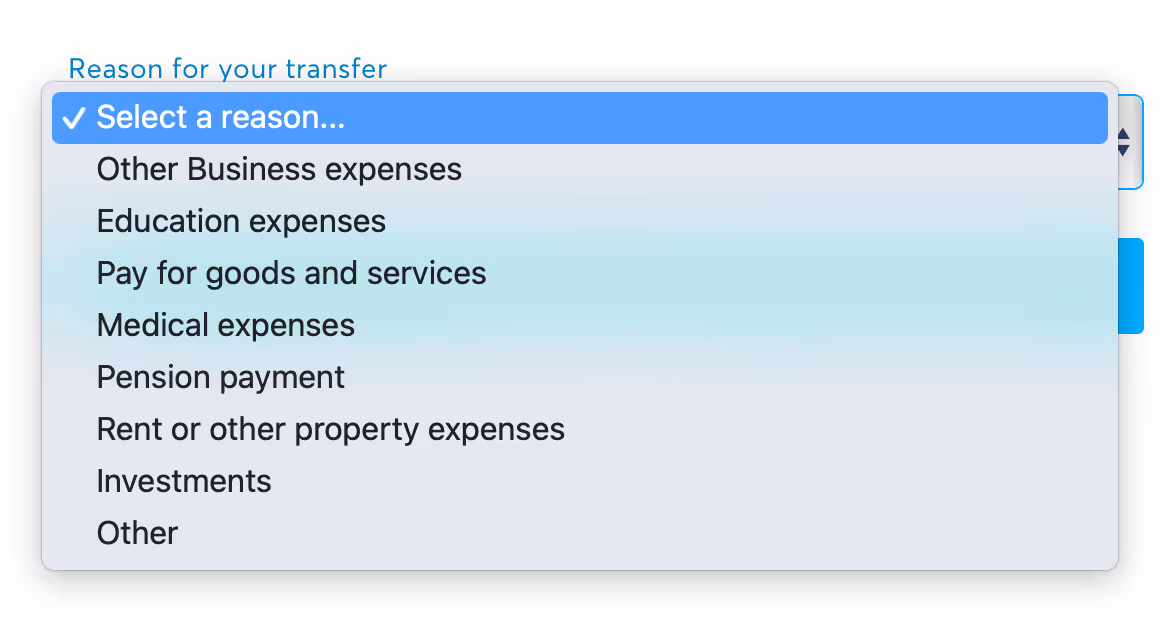 Причина переказу грошей у Wise: виберіть особисту або бізнес операцію