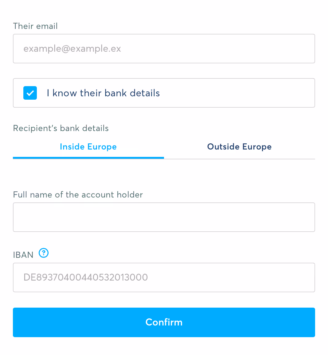 Вкажіть банківські реквізити для відправлення переказу через Wise
