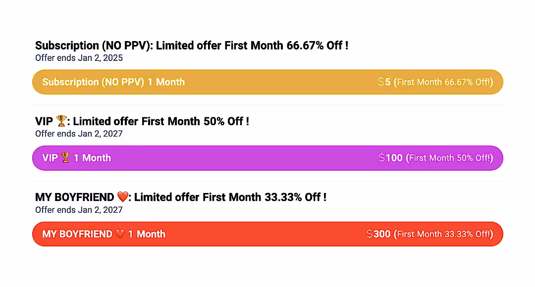 Пример какие могут быть уровни подписок на Fansly