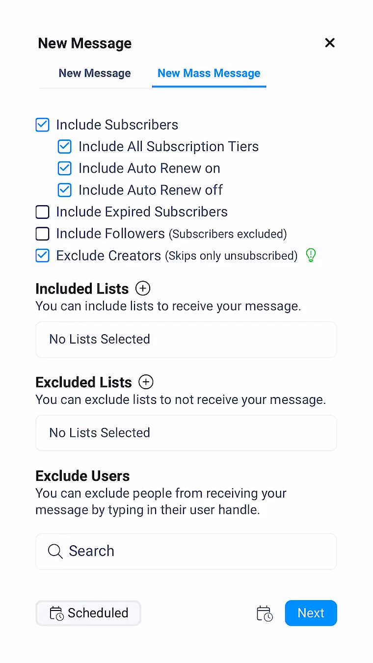 Настройки массовой рассылки на Fansly