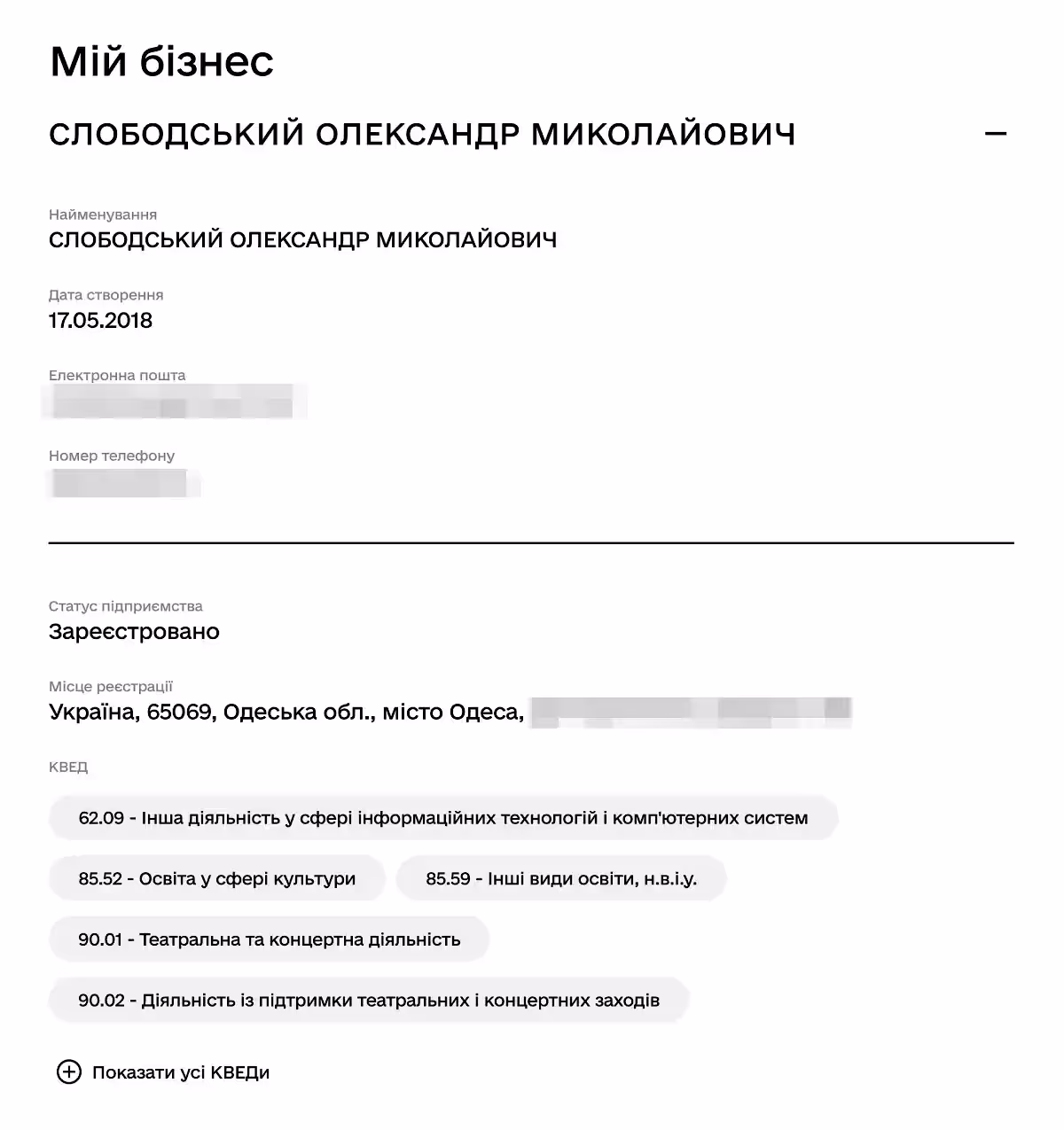 Сведения о ФЛП на портале Дія