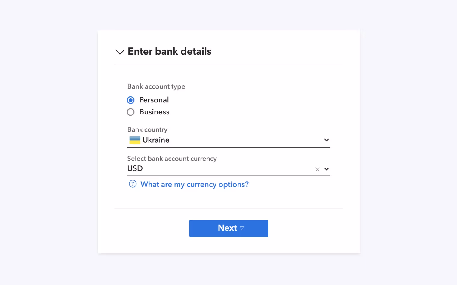 Подключение банковского счета к Payoneer, выбор типа аккаунта, страны и валюты