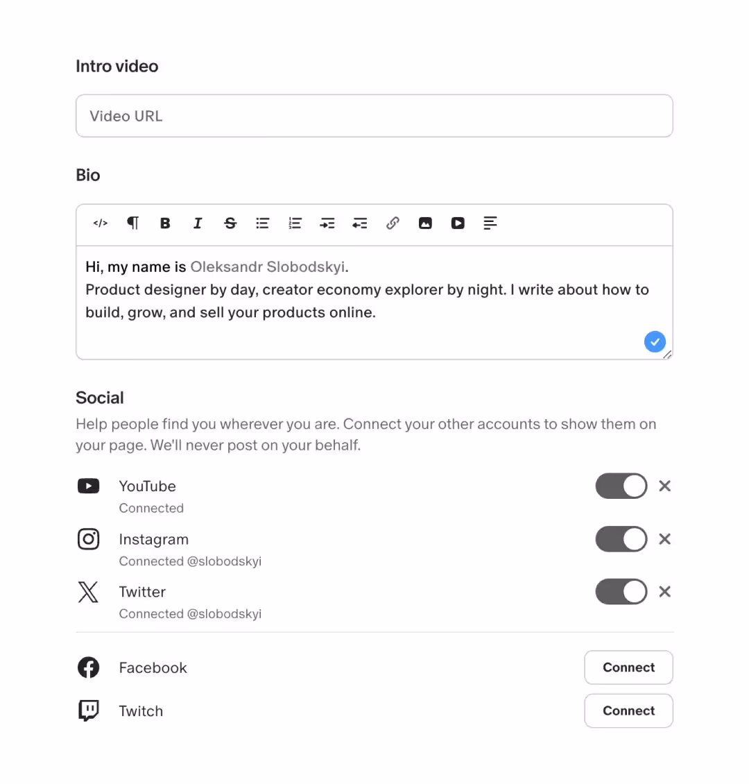 Подключение социальных сетей и описание аккаунта