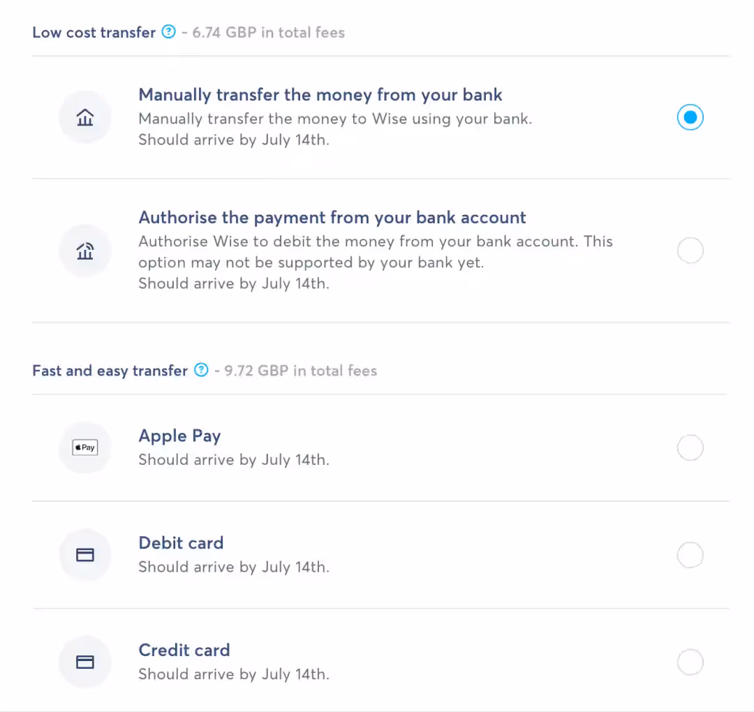 Выбор способа перевода денег в платежную систему Вайз