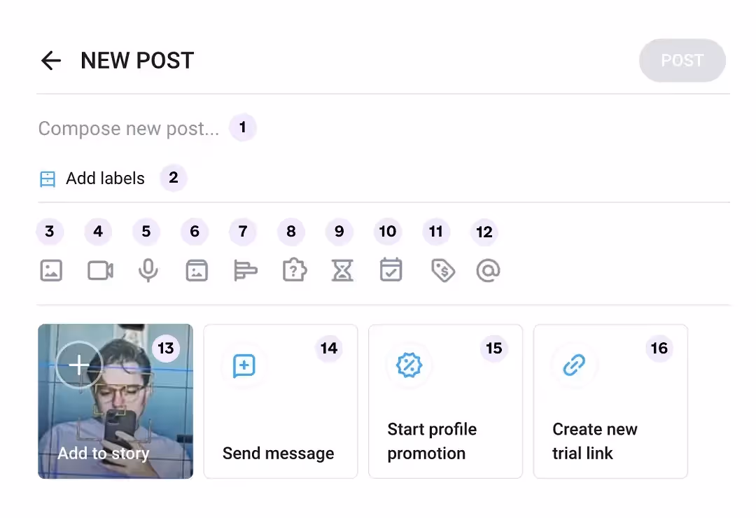 Visual of the OnlyFans new post creation form with options to add images text and pricing