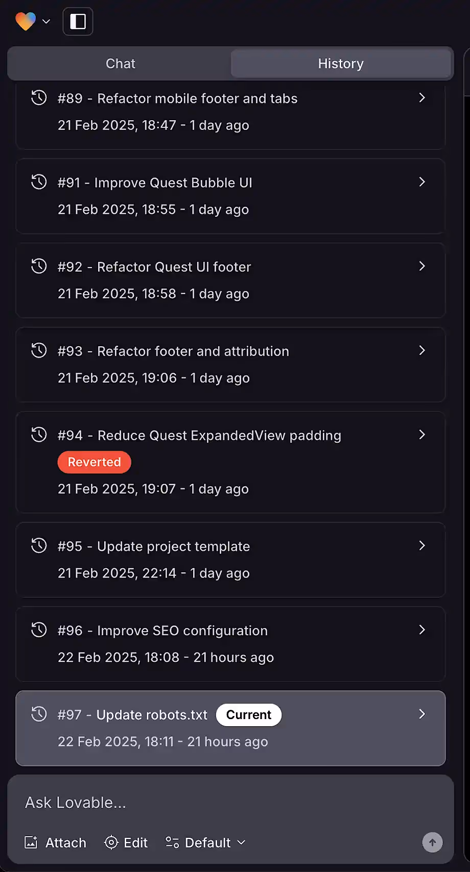 Project version history on Lovable.dev