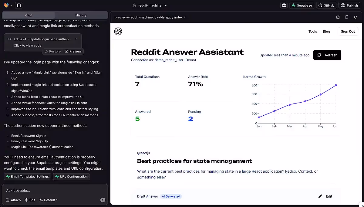 Example of an app interface created using AI on Lovable.dev