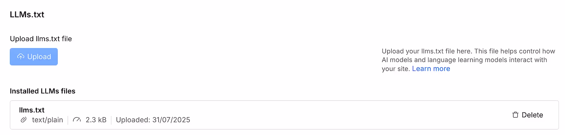 Webflow SEO settings showing LLMs.txt upload feature with installed llms.txt file (2.3 kB, uploaded July 2025) and Upload button