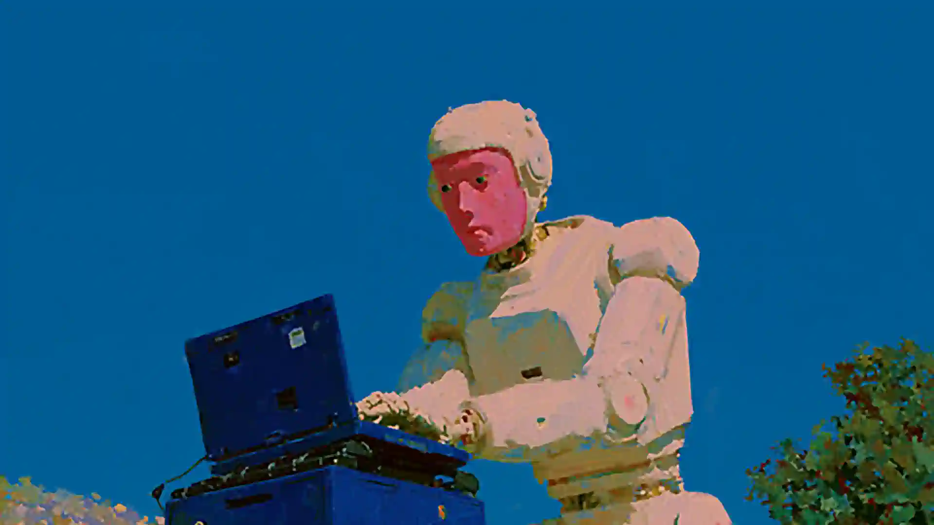Pixel art of a humanoid robot working on a laptop outdoors—representing AI systems crawling and reading website content