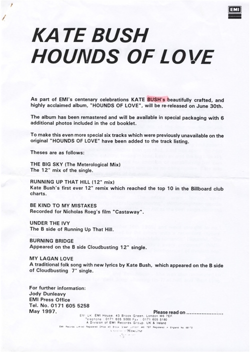 'Hounds Of Love' Album Reissue Press Release