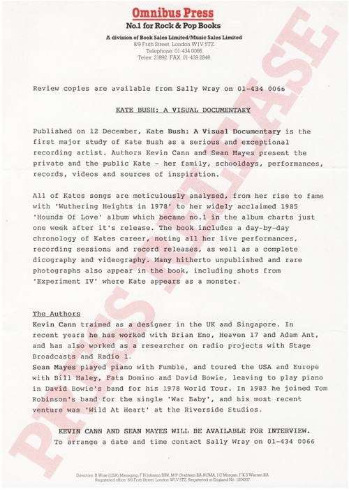 'Kate Bush: A Visual Documentary' Book Press Release