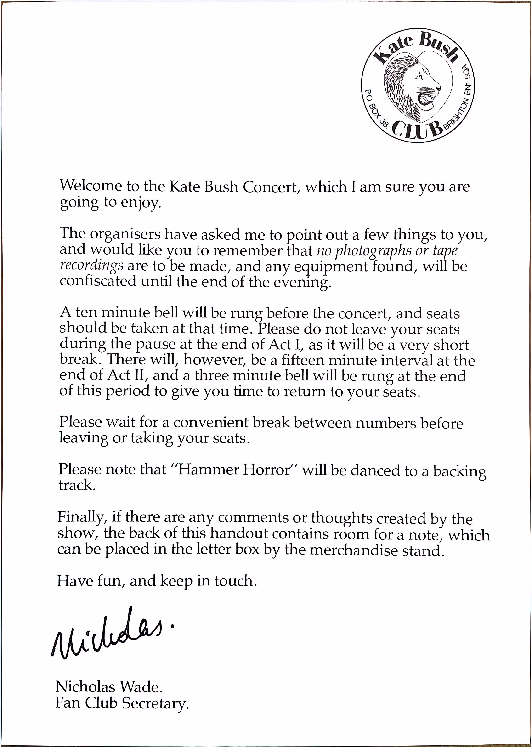 'Kate Bush Concert' Welcome Letter