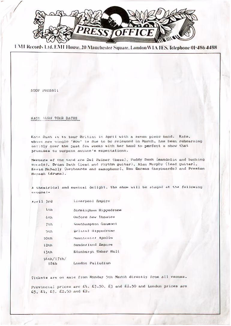 'Kate Bush Tour' Press Release