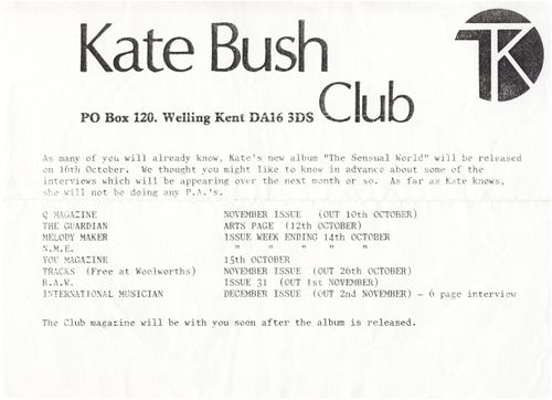'Kate Bush Club' Letter